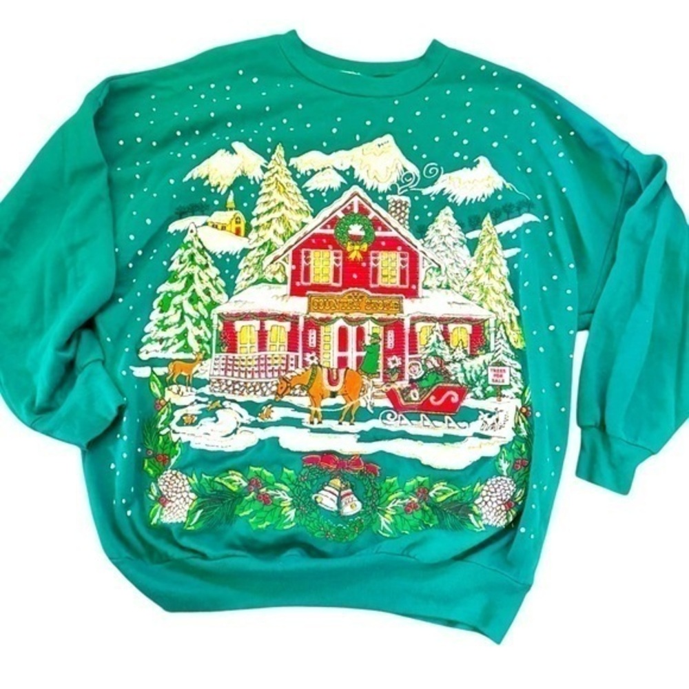 Vintage Christmas Country Store  Horse Carriage Hallmark Green sweatshirt Puffy